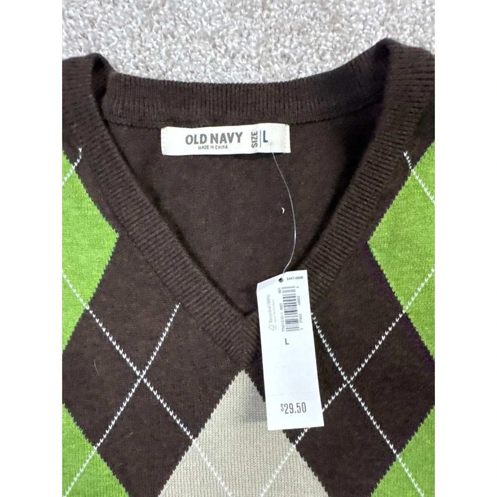 Old Navy Mens Argyle V-Neck Sweater Brown Green Tan Size L NWT